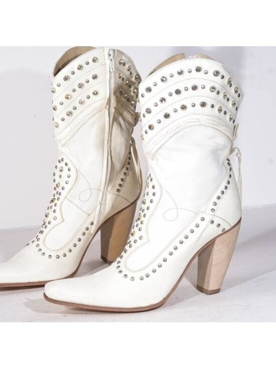 El Vaquero Shoes - El Vaquero Valerio Giuntoli Rhinestone Western Ankle Boot Cream Italy Deadstock